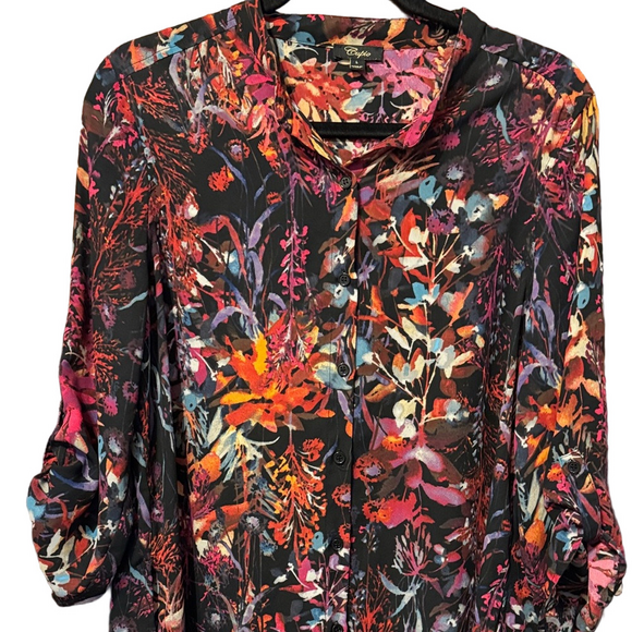 Cupio Floral Button-Down Adjustable Sleeve Lightweight Blouse - Picture 2 of 4